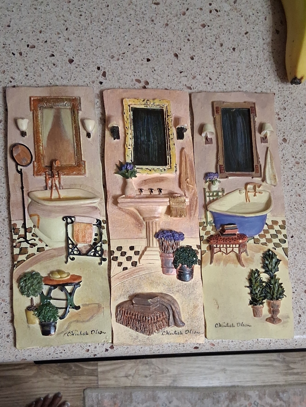 C WINTERLE OLSON 3Pc Set 3D BATHROOM WALL  ART PLAQUE.  Painted Ceramic Tile
